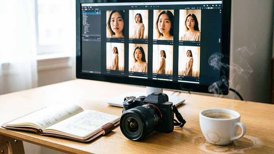 Photographer monitor with miniatures of studio portraits of a girl during the selection of frames